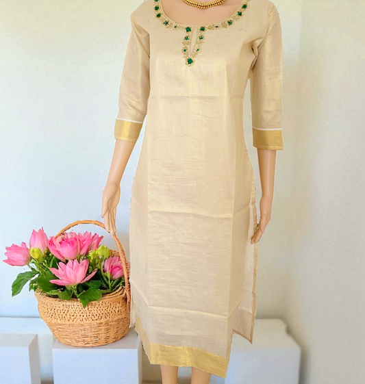 Tissue silk kurti with embroidery work (Delivery in 3-5 days )