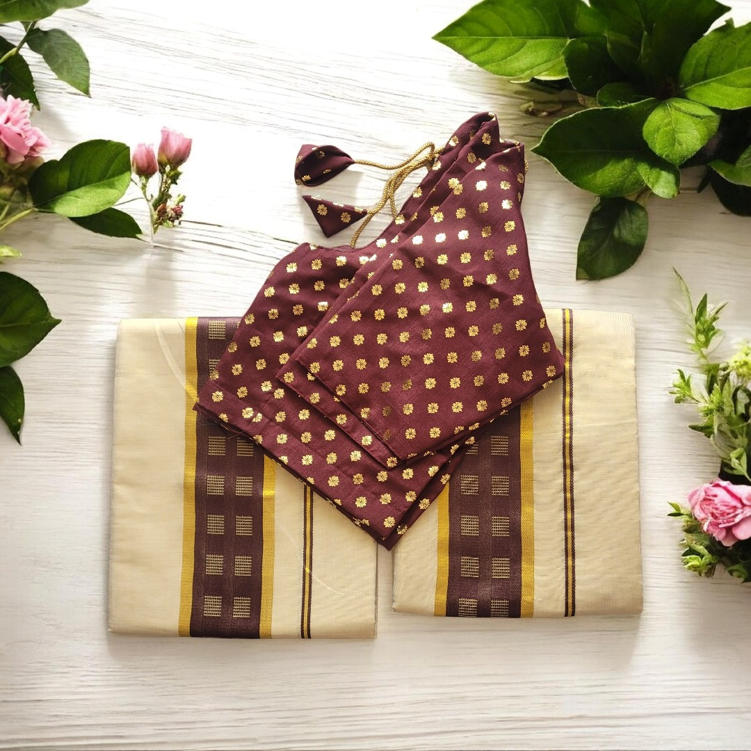Tissue silk set mundu with Stitched blouse (Delivery in 3-5 days )