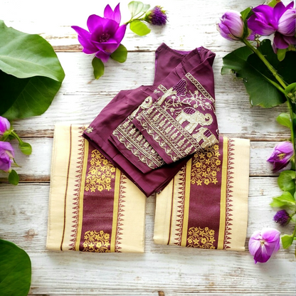 Traditional Tissue Silk set mundu with Stitched blouse (Delivery in 3-5 days )