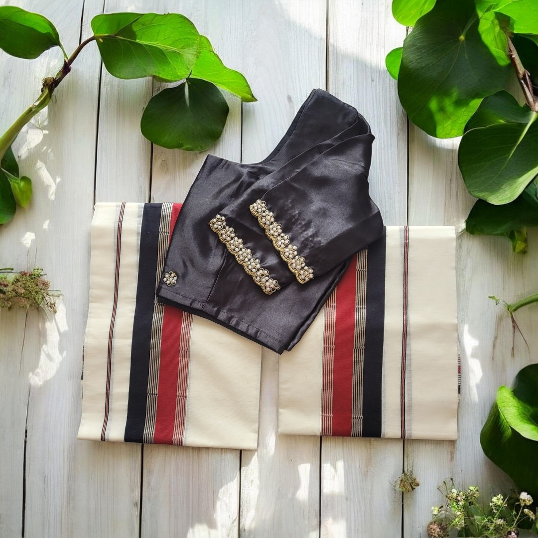 Beautiful set mundu with Stitched blouse (Delivery in 3-5 days )