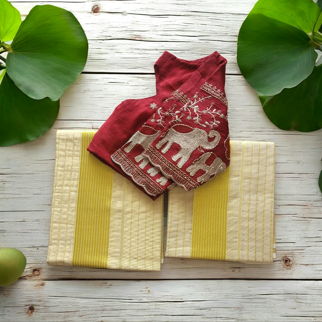 Beautiful Tissue silk set mundu with Stitched blouse (Delivery in 3-5 working days )