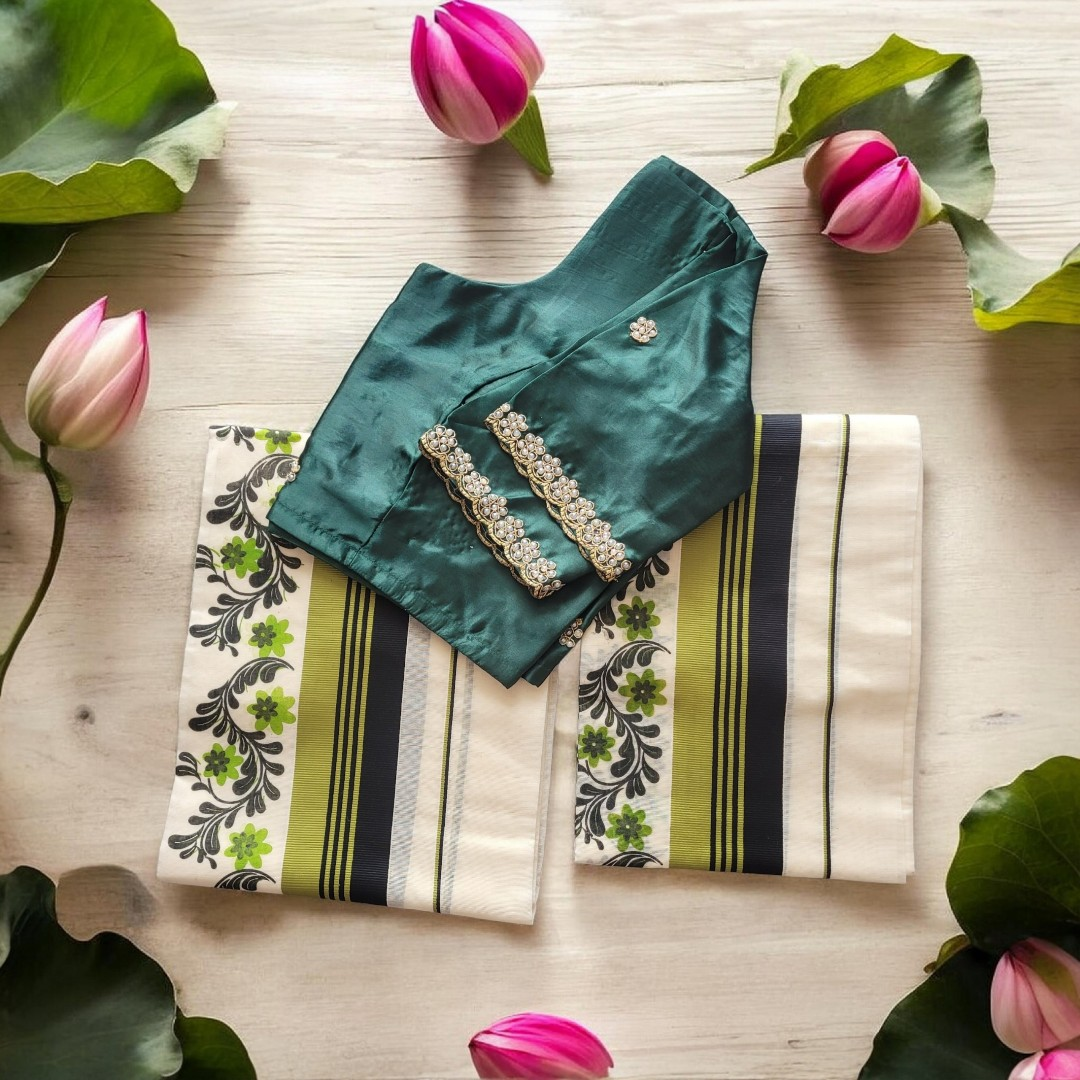 Tissue silk set mundu with Stitched blouse (Delivery in 3-5 days )