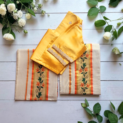 Tissue silk set mundu with Stitched blouse (Delivery in 3-5 working days )
