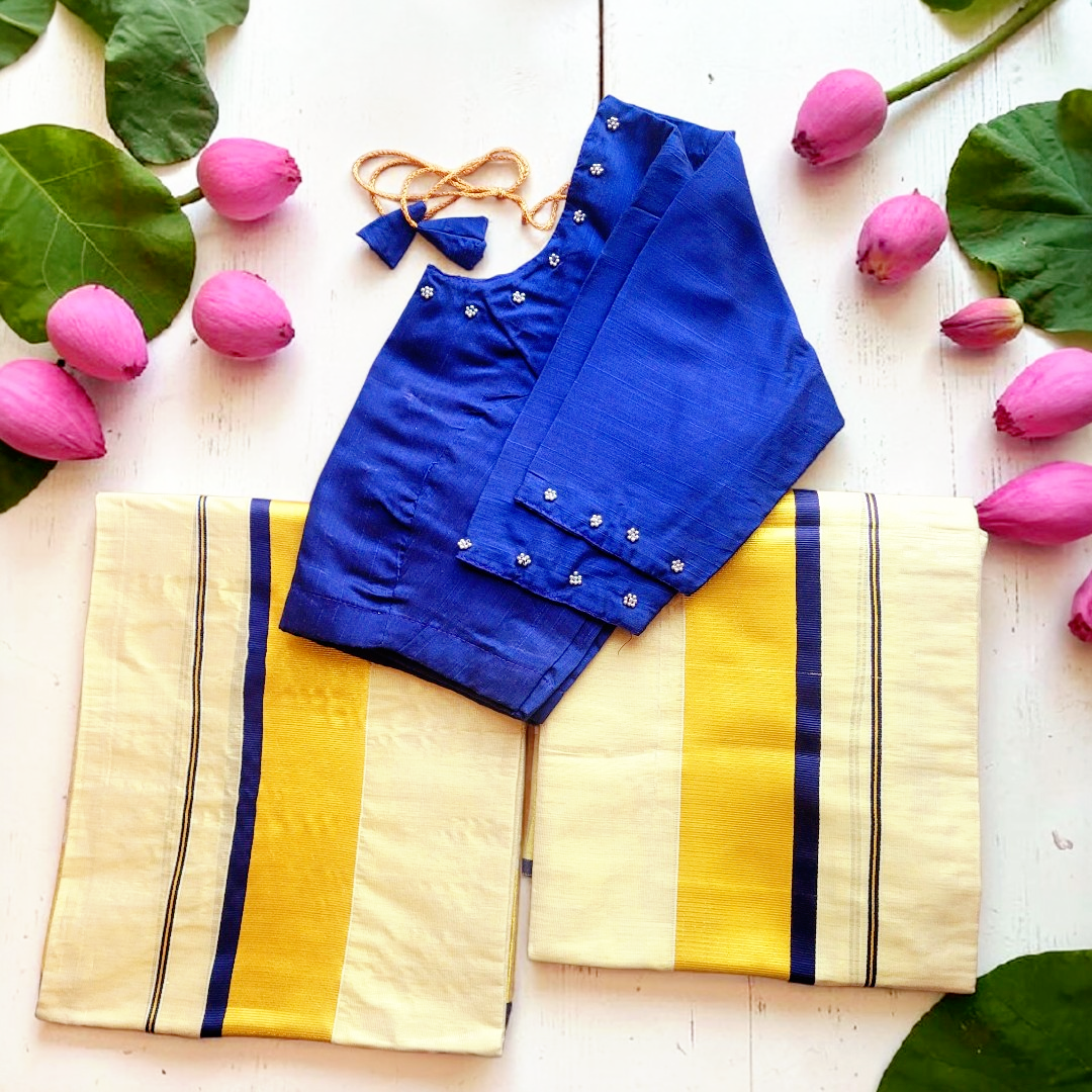 Beautiful set mundu with Stitched blouse (Delivery in 3-5 days )