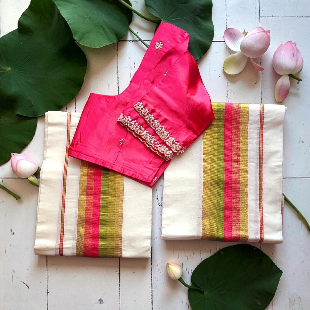 Beautiful setmundu with stitched blouse (Delivery in 3 -5 days )
