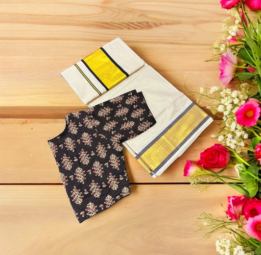 Premium Cotton Kerala Saree with Stitched Ajrakh print Blouse
