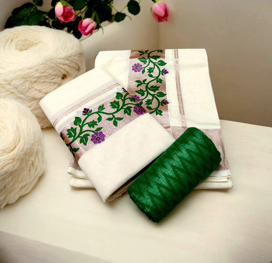 Pre Order: Kerala Cotton Set Mundu with Unstitched Blouse Material