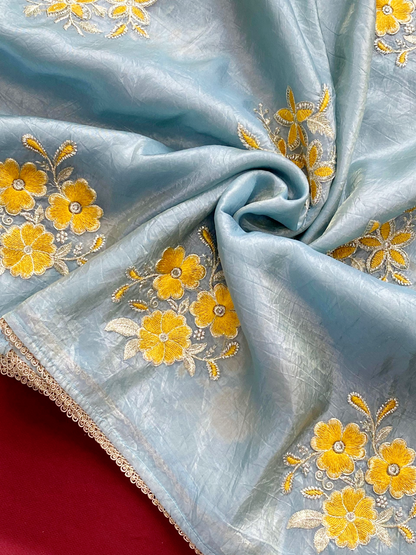 Paper silk crush saree with embroidered Blouse material (Delivery in 20-25 working days)