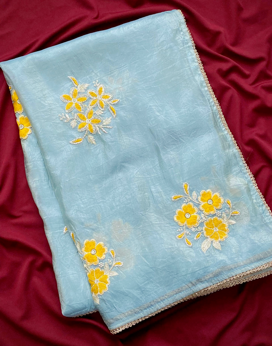 Paper silk crush saree with embroidered Blouse material (Delivery in 20-25 working days)