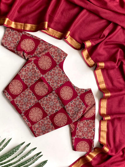 Mulcotton saree with Stitched Ajrakh printed blouse (Delivery in 20-25workig days)