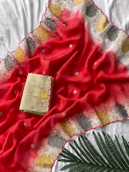 Organza silk saree with embroidered blouse material (Delivery in 20-25 working Days))