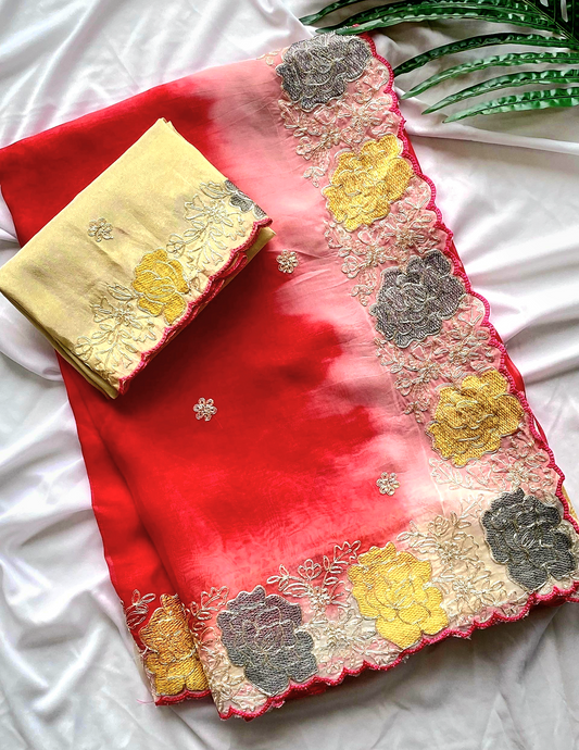 Organza silk saree with embroidered blouse material (Delivery in 20-25 working Days))