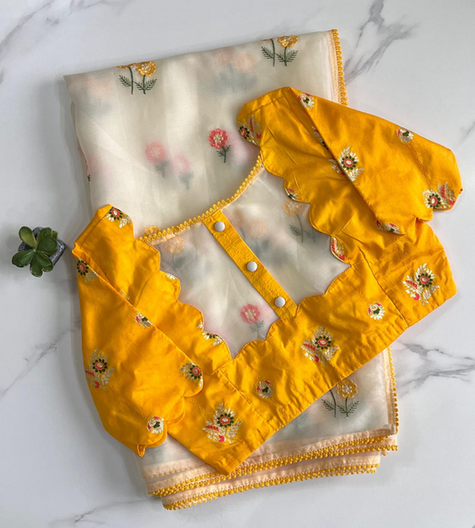 Onam special Chiffon Organza saree with stitched blouse (Delivery in 10 -15 days )