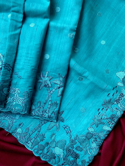 An elegant Tussar silk saree with embroidery (Delivery in 20-25 working Days)