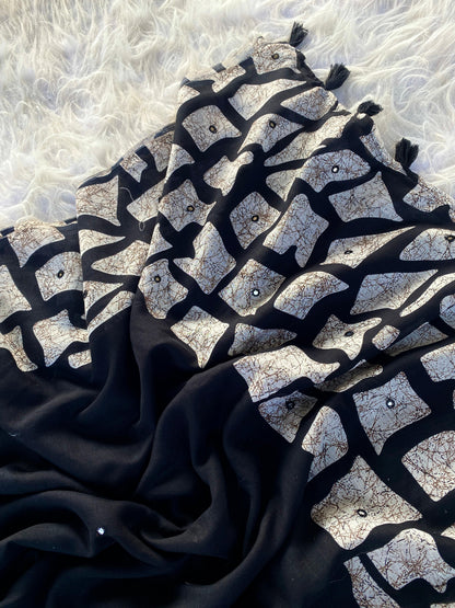 Pure linen saree with mirror work teamed with printed stitched blouse (Delivery in 25-28 working days)