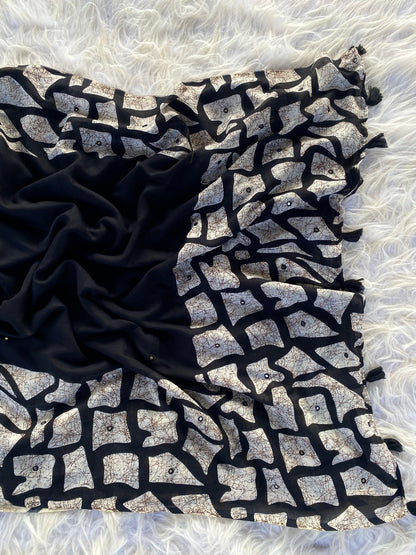Pure linen saree with mirror work teamed with printed stitched blouse (Delivery in 25-28 working days)