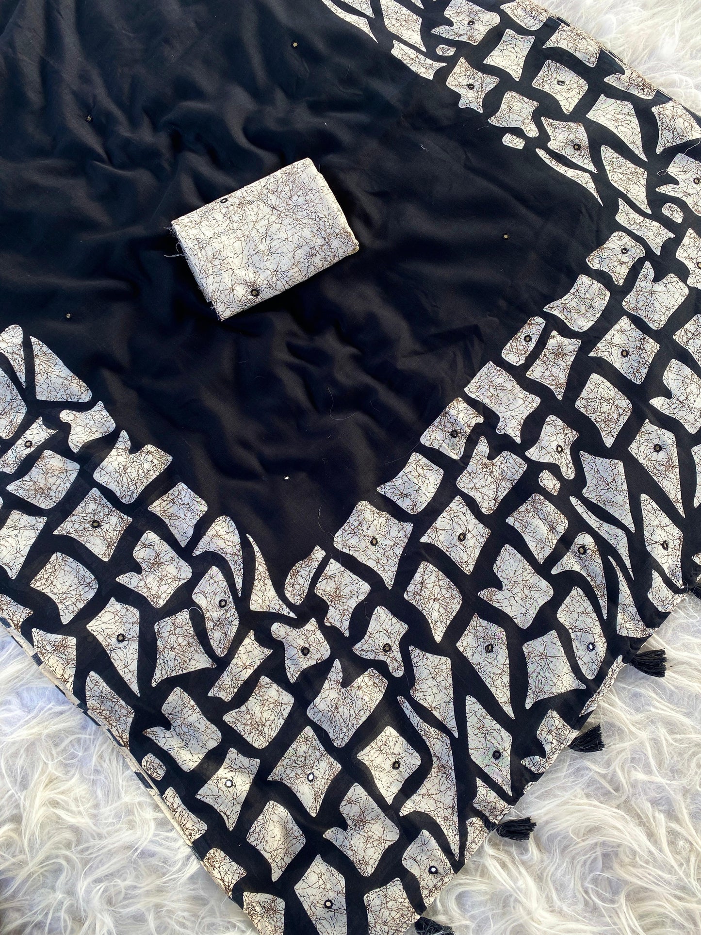 Pure linen saree with mirror work teamed with printed stitched blouse (Delivery in 25-28 working days)