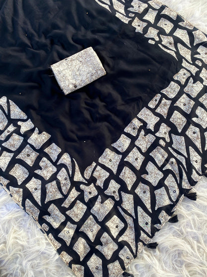 Pure linen saree with mirror work teamed with printed stitched blouse (Delivery in 25-28 working days)