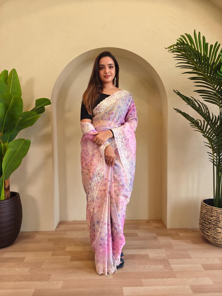 Organza saree with stitched blouse (Delivery in 25-28days )