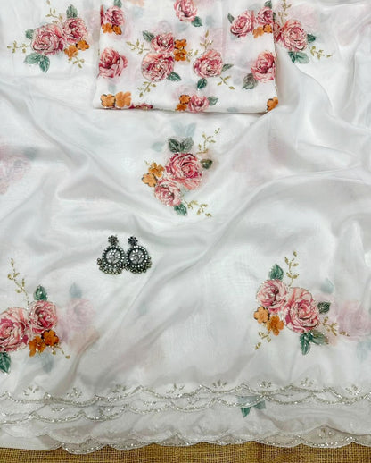 Very Beautiful Teby silk Handwork digital print saree with blouse (Delivery in 23 to28 working days )