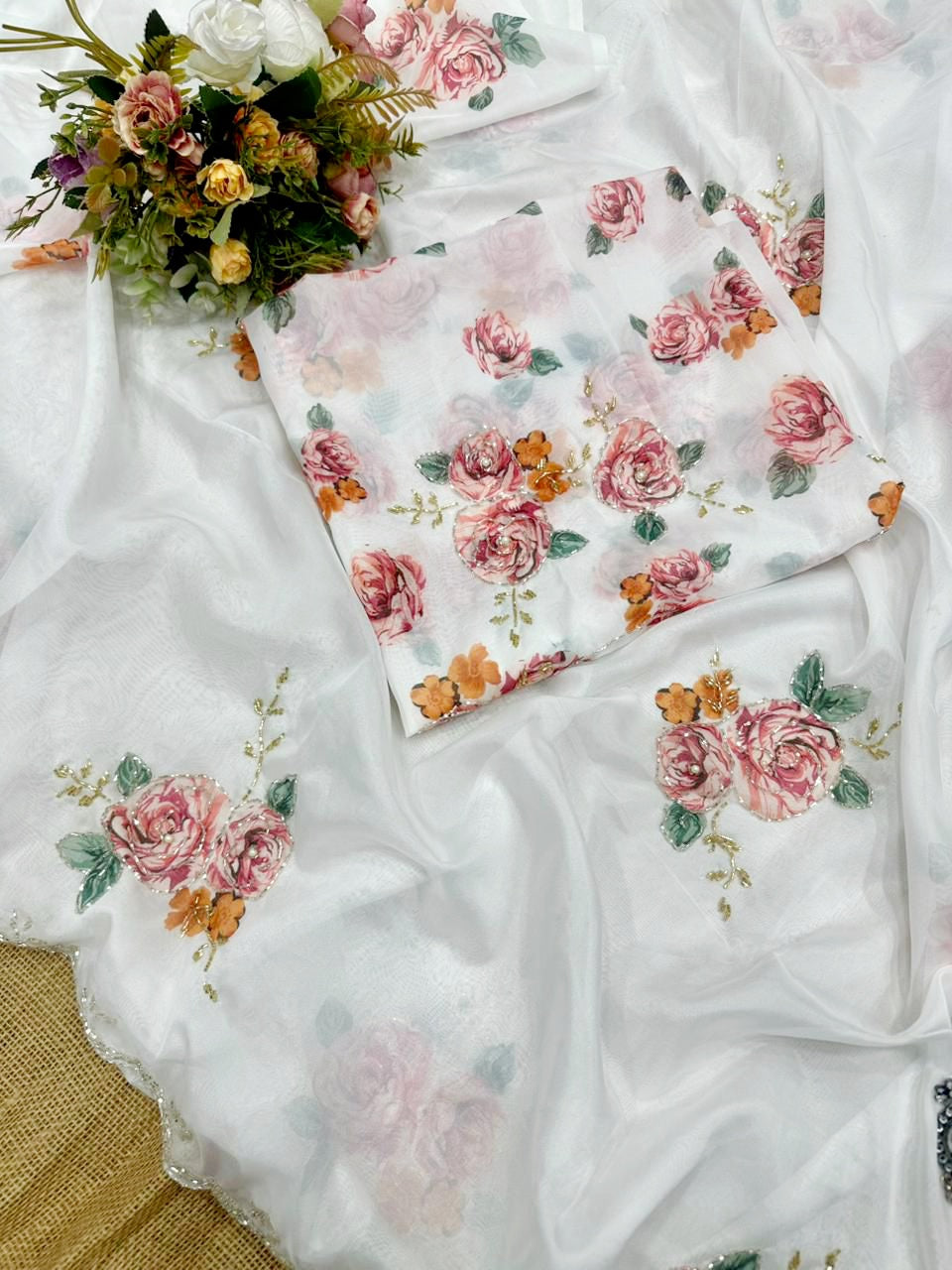 Very Beautiful Teby silk Handwork digital print saree with blouse (Delivery in 23 to28 working days )
