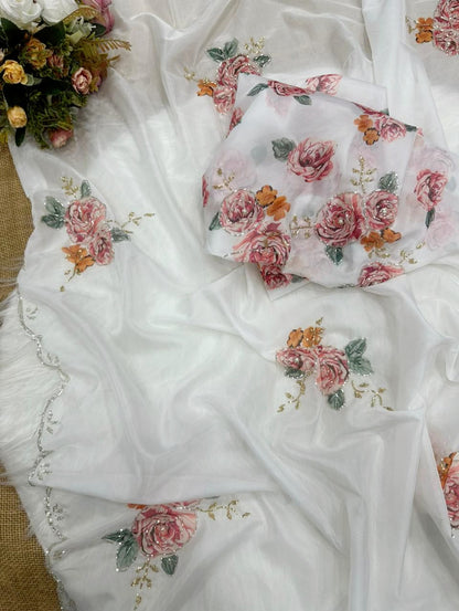 Very Beautiful Teby silk Handwork digital print saree with blouse (Delivery in 23 to28 working days )