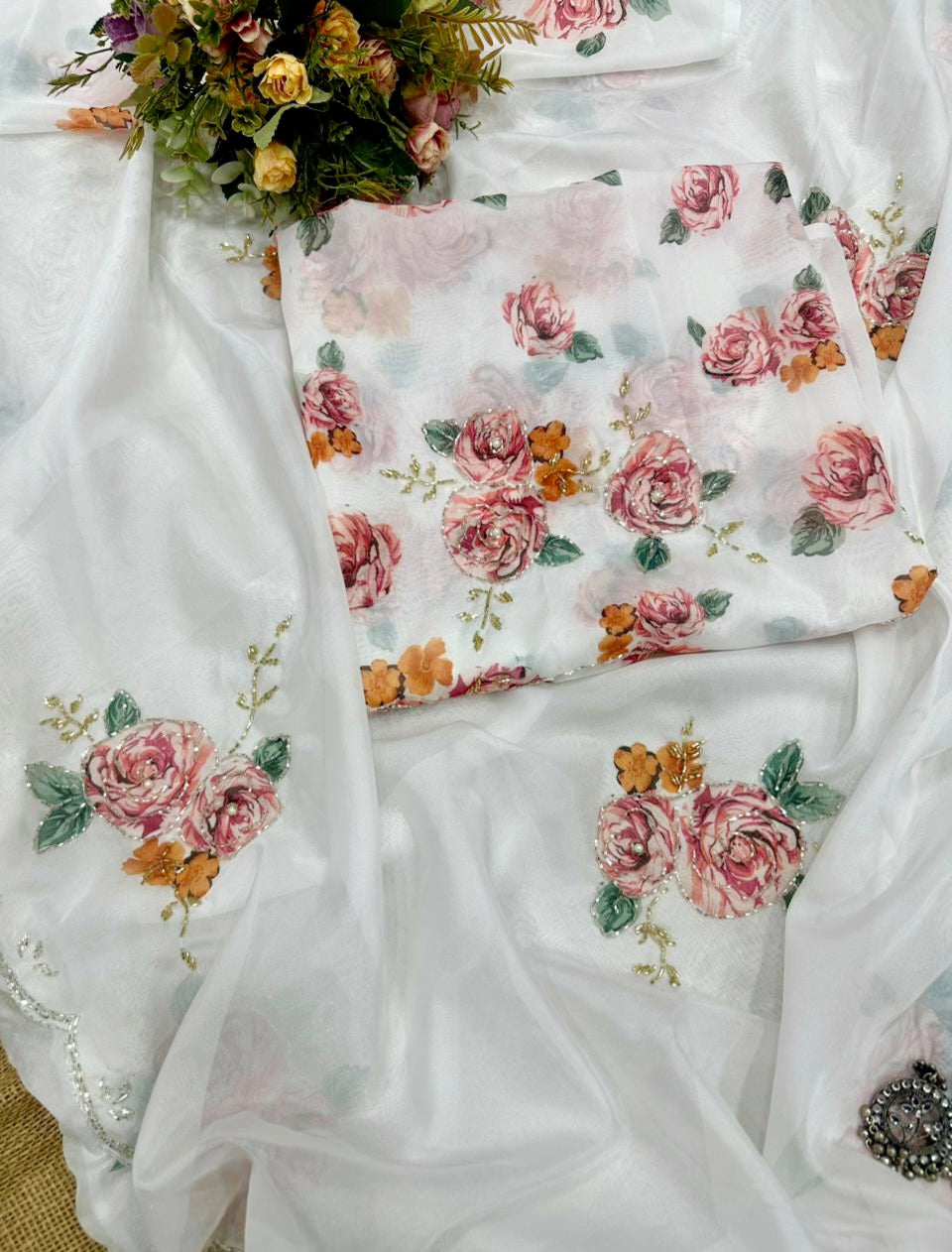 Very Beautiful Teby silk Handwork digital print saree with blouse (Delivery in 23 to28 working days )