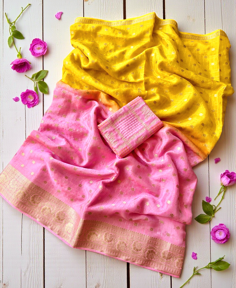 Beautiful Chinon silk saree with stitched blouse(Delivery in 28 -30days )