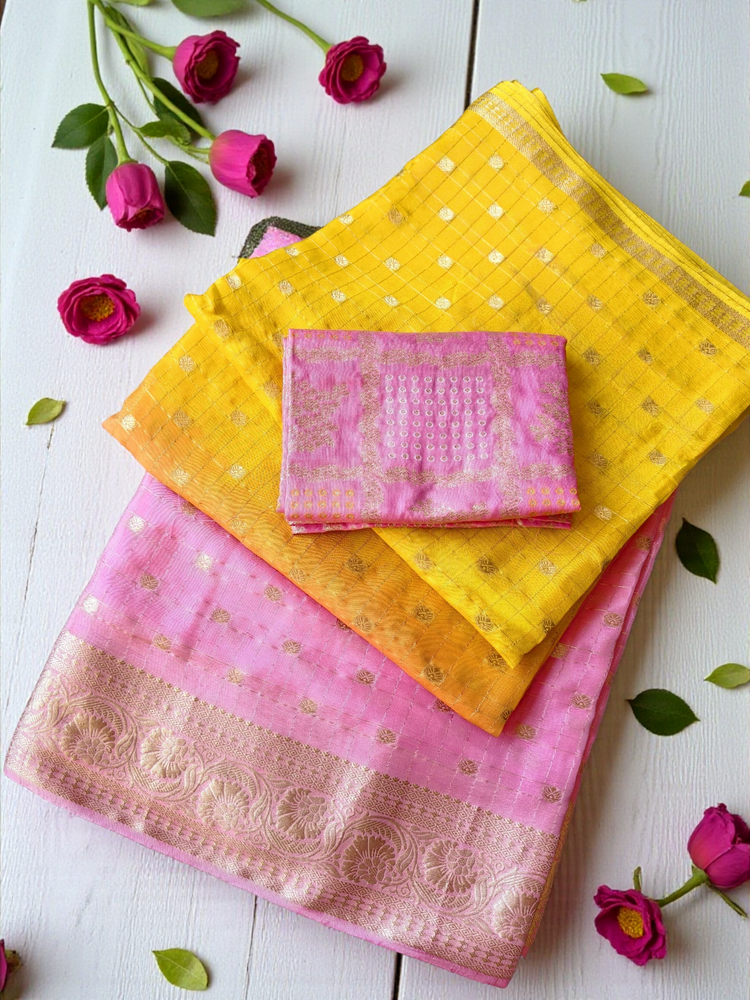 Beautiful Chinon silk saree with stitched blouse(Delivery in 28 -30days )