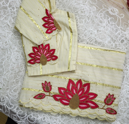 Beautiful Traditional Lotus design Handwork saree with stitched blouse (Delivery in 28-30days )