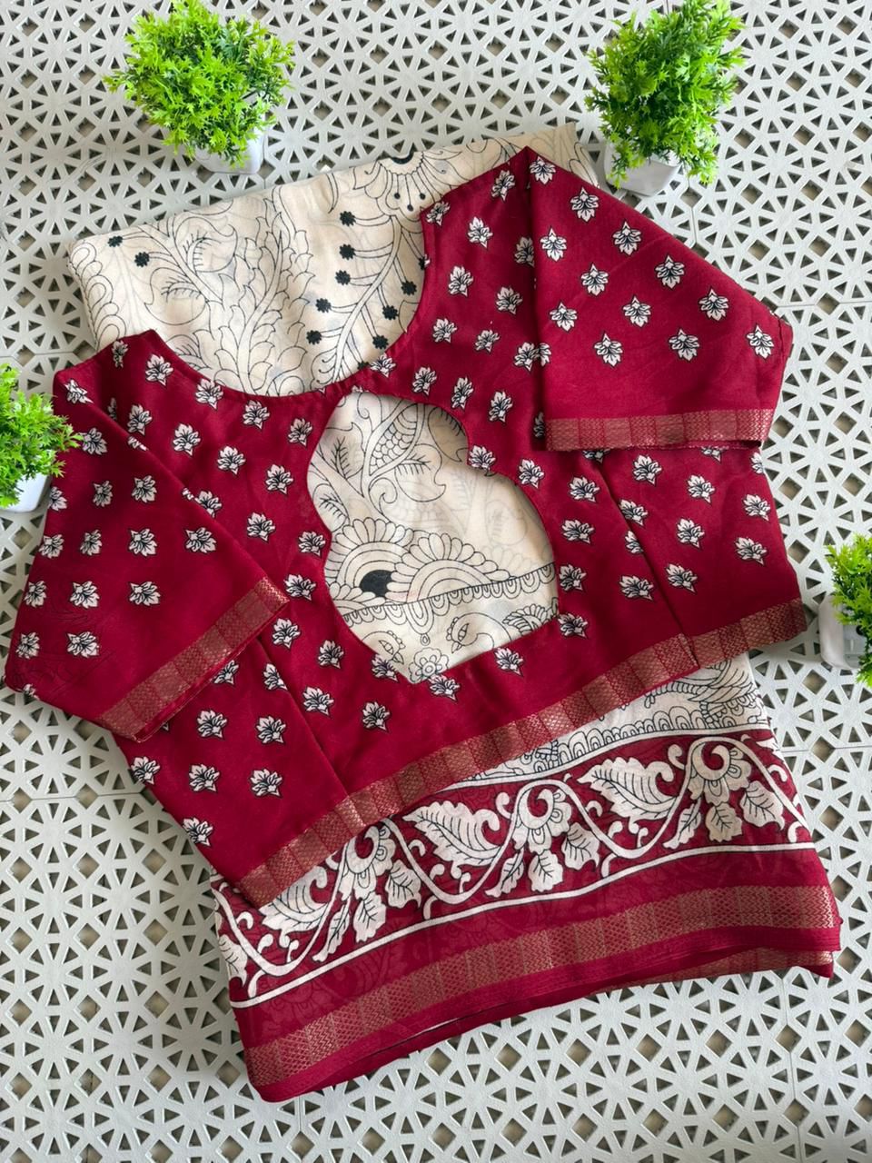 Beautiful semisilk kalamkari print saree with stitched blouse
