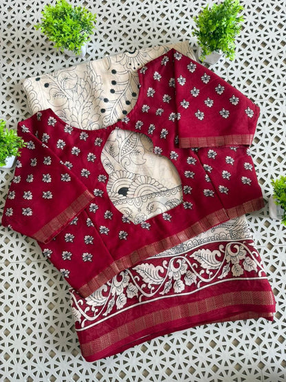 Beautiful semisilk kalamkari print saree with stitched blouse