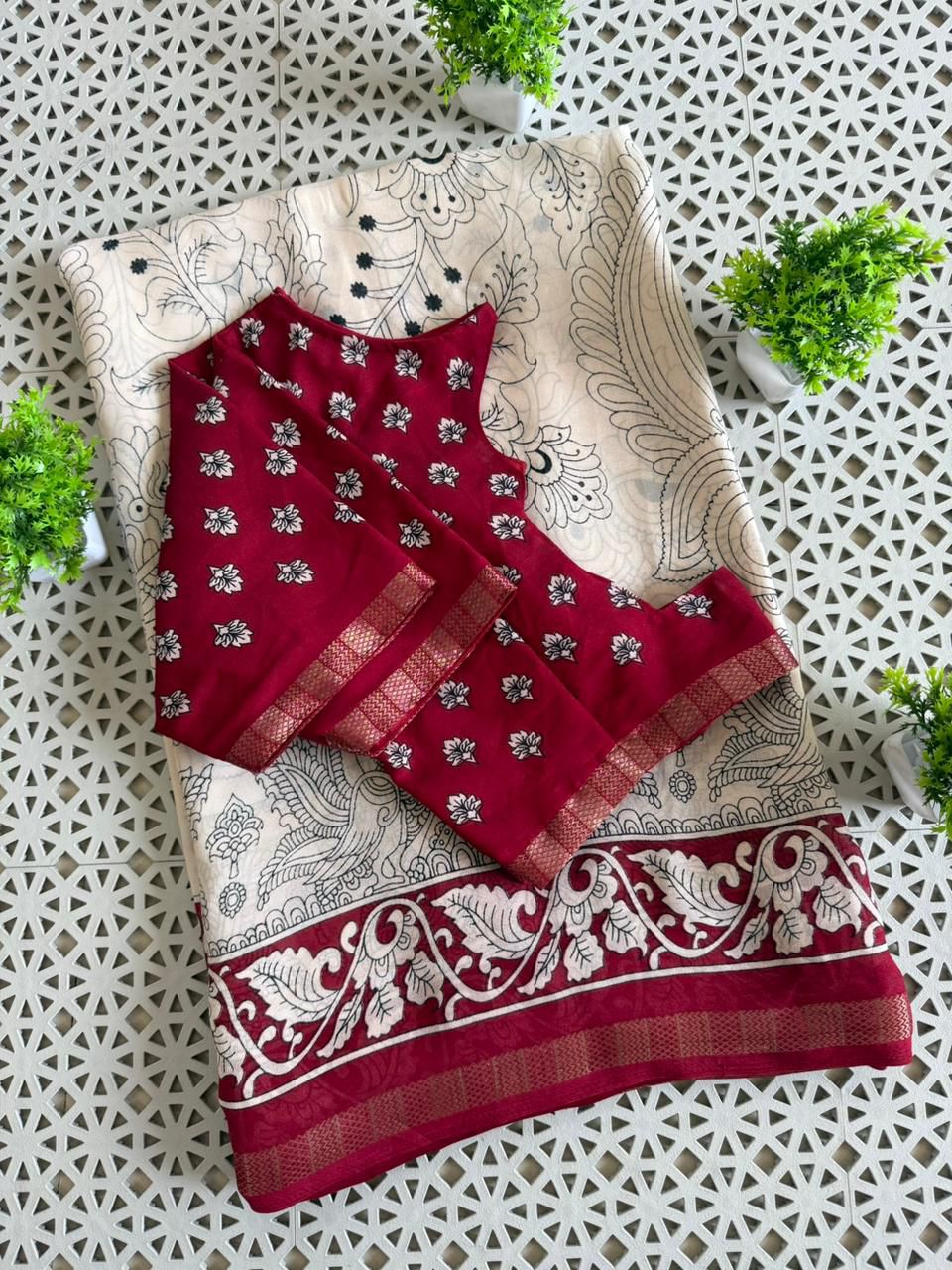 Beautiful semisilk kalamkari print saree with stitched blouse