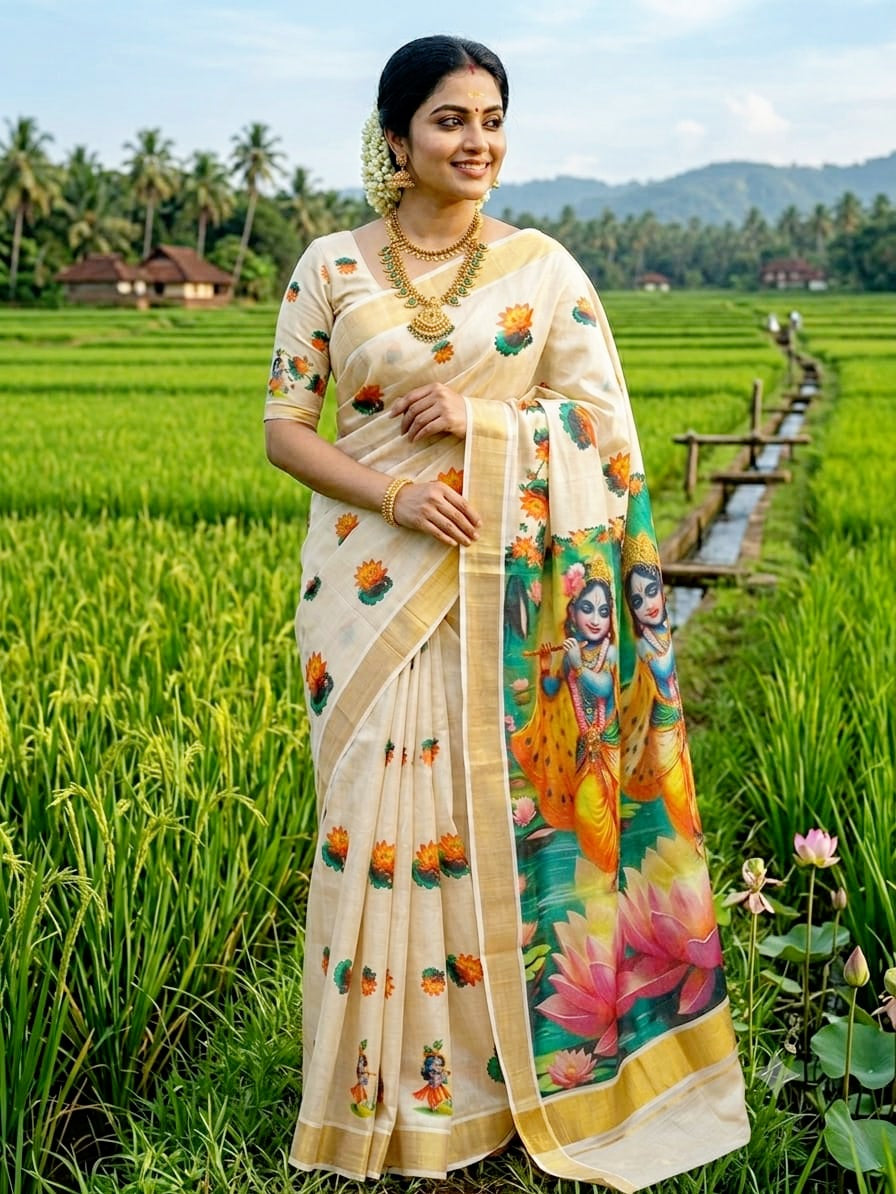 Beautiful Traditional Kerala saree with stitched blouse (Delivery in 25 -28 days )