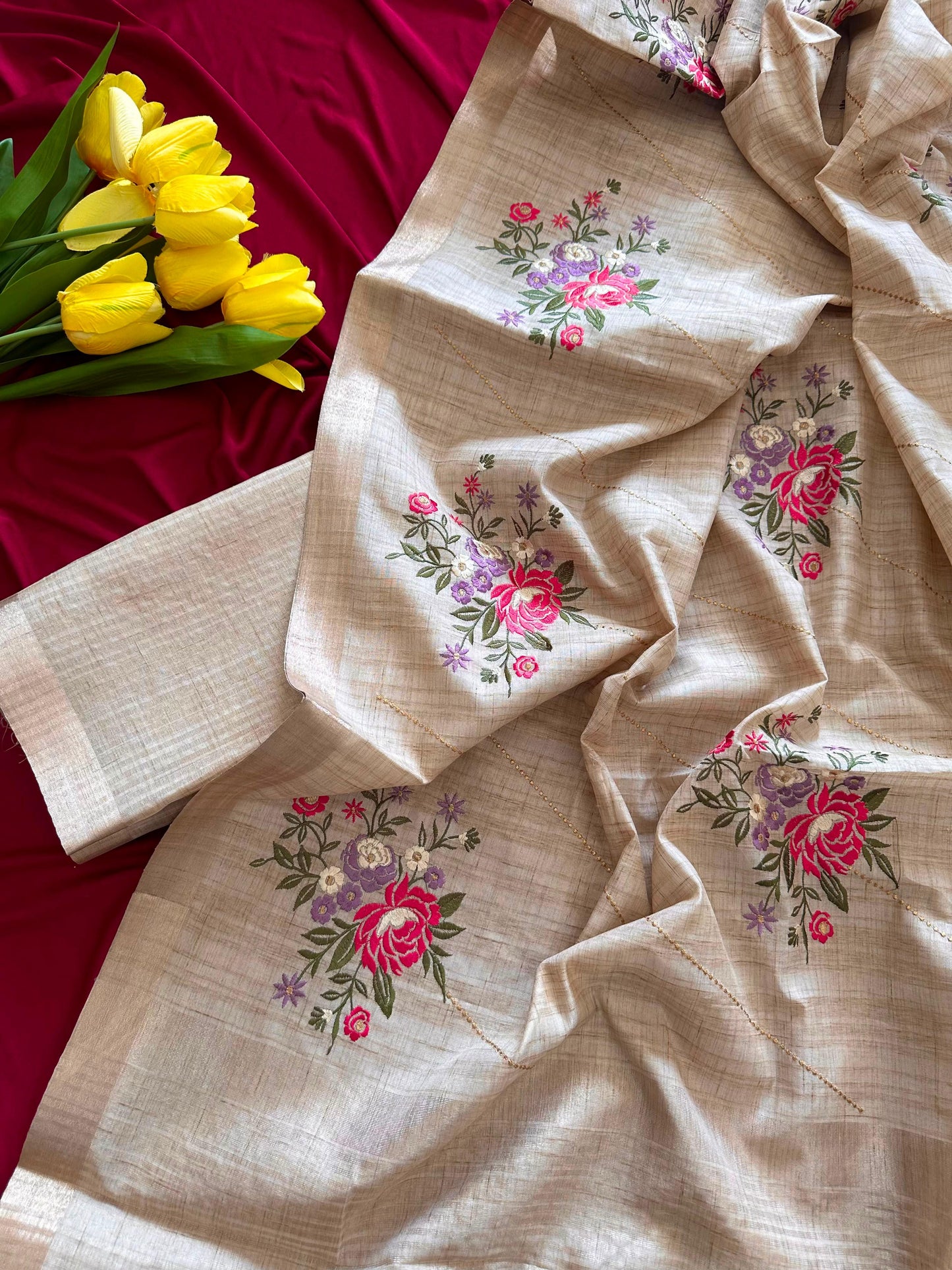 Beautiful Tussar silk  saree with stitched blouse (Delivery in 23 -25 days )