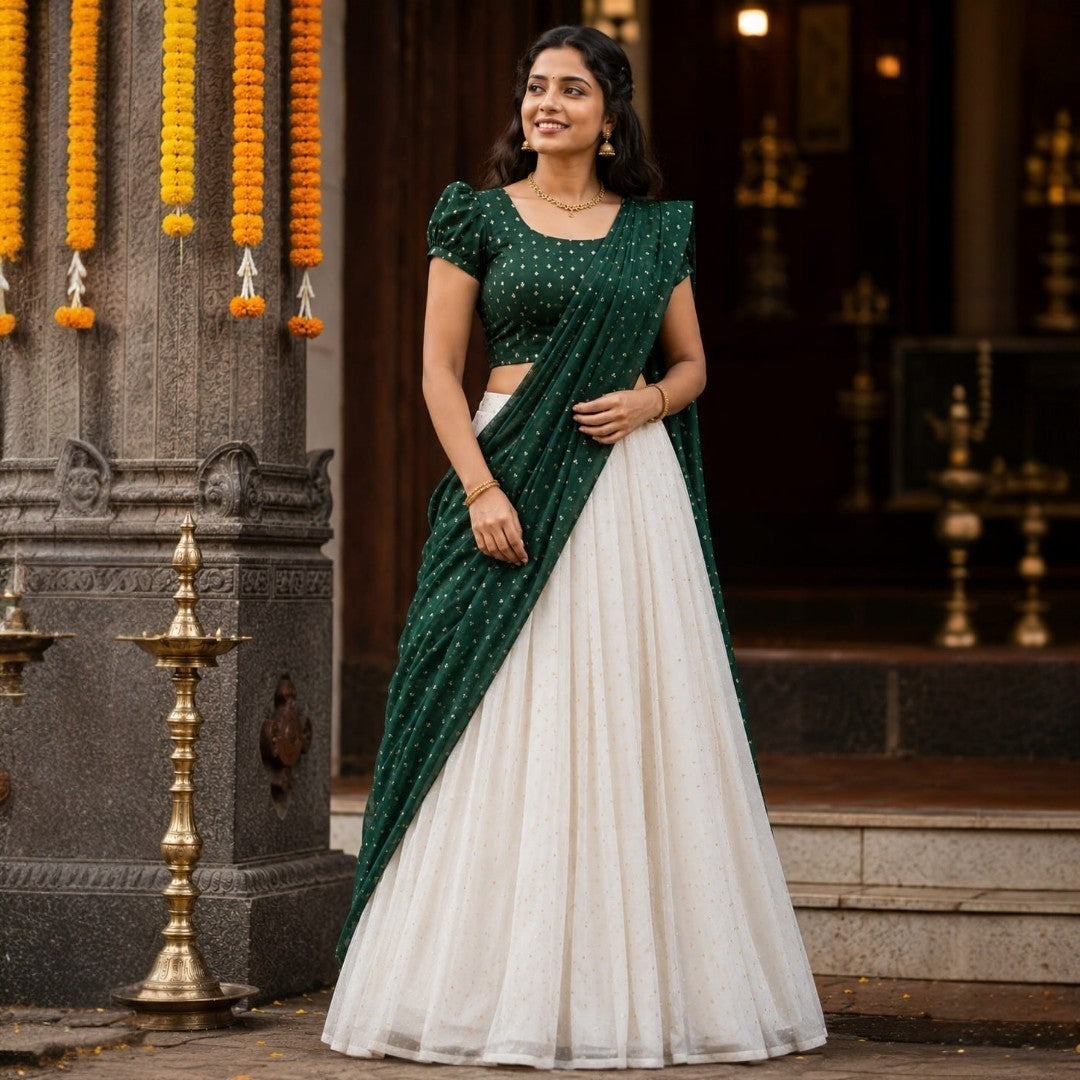 Beautiful Floral print Traditional Dhavani full stitched set (Delivery in 2-5working days)