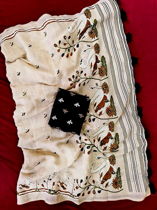SOFT LINEN SAREE with stitched blouse (Delivery in 18-24 days )