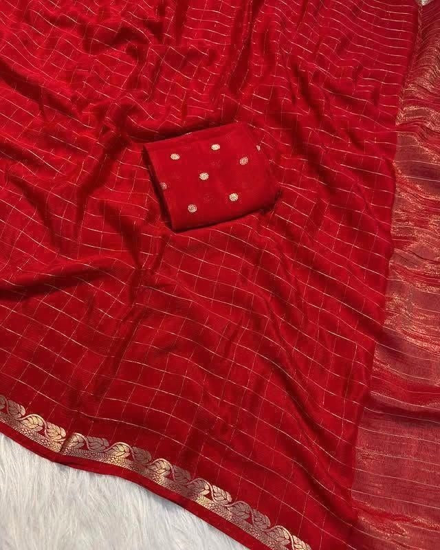 Beautiful Red silk saree with stitched blouse (Delivery in 23 -28 days )