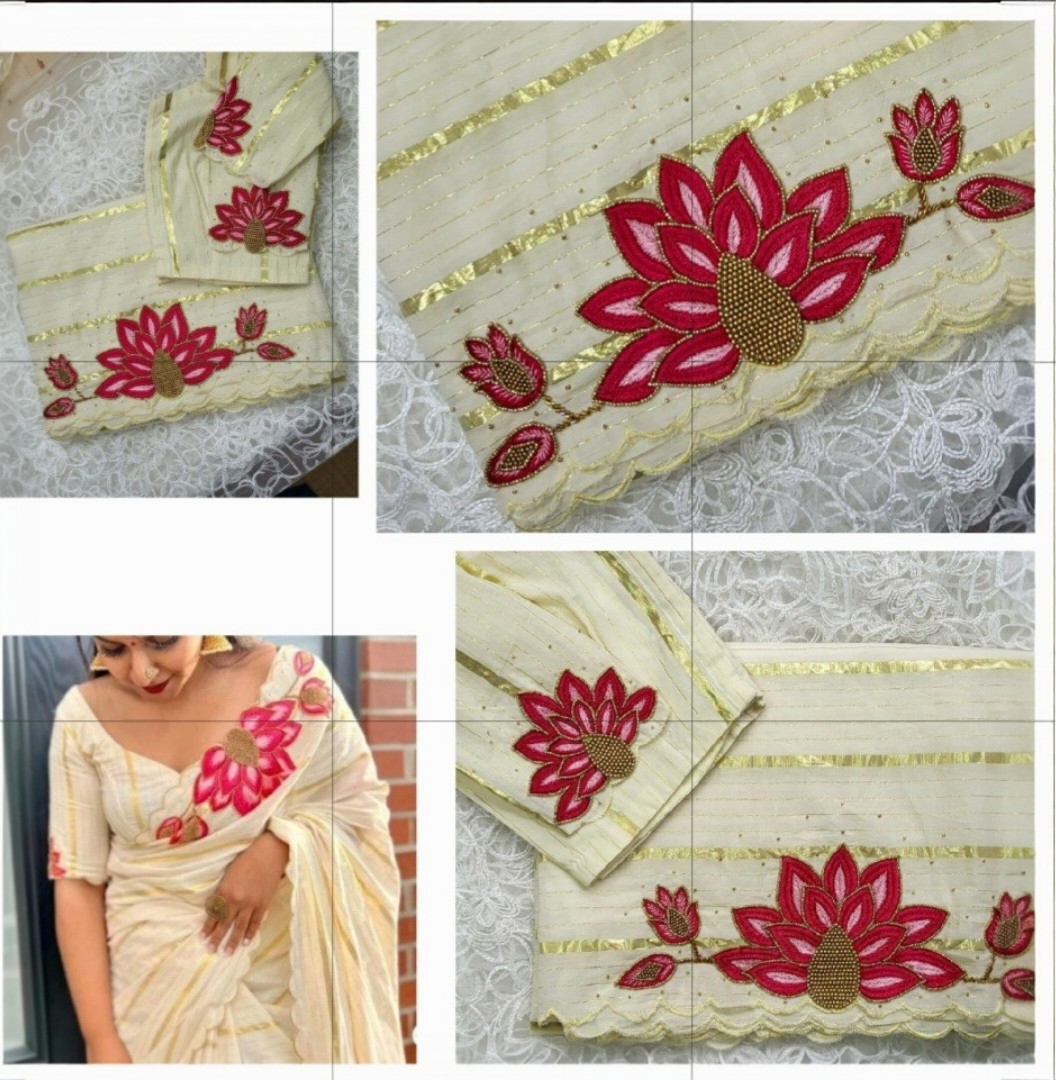 Beautiful Traditional Lotus design Handwork saree with stitched blouse (Delivery in 28-30days )