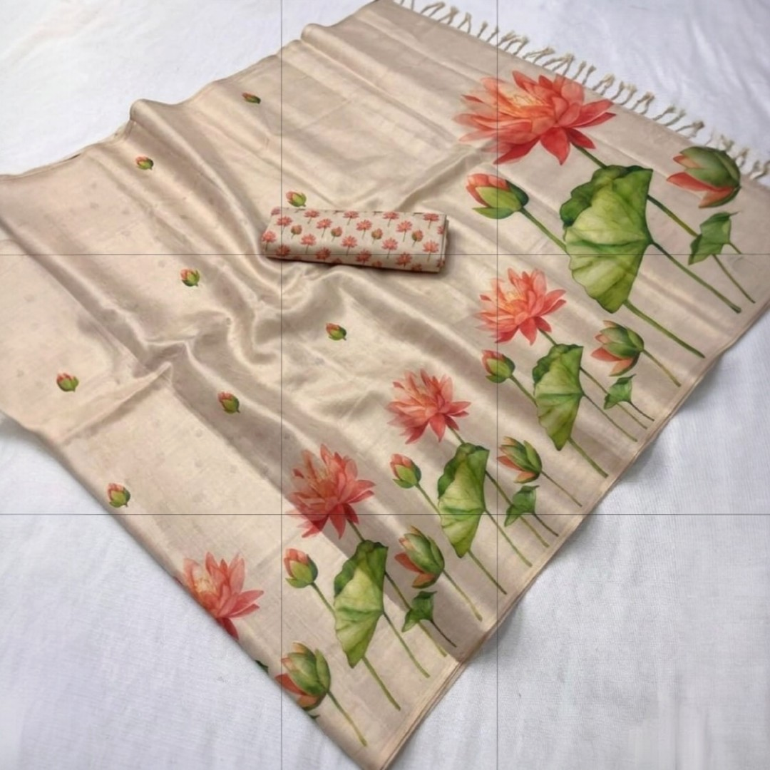 Beautiful Lotus print  saree with stitched blouse