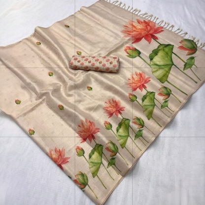 Beautiful Lotus print  saree with stitched blouse