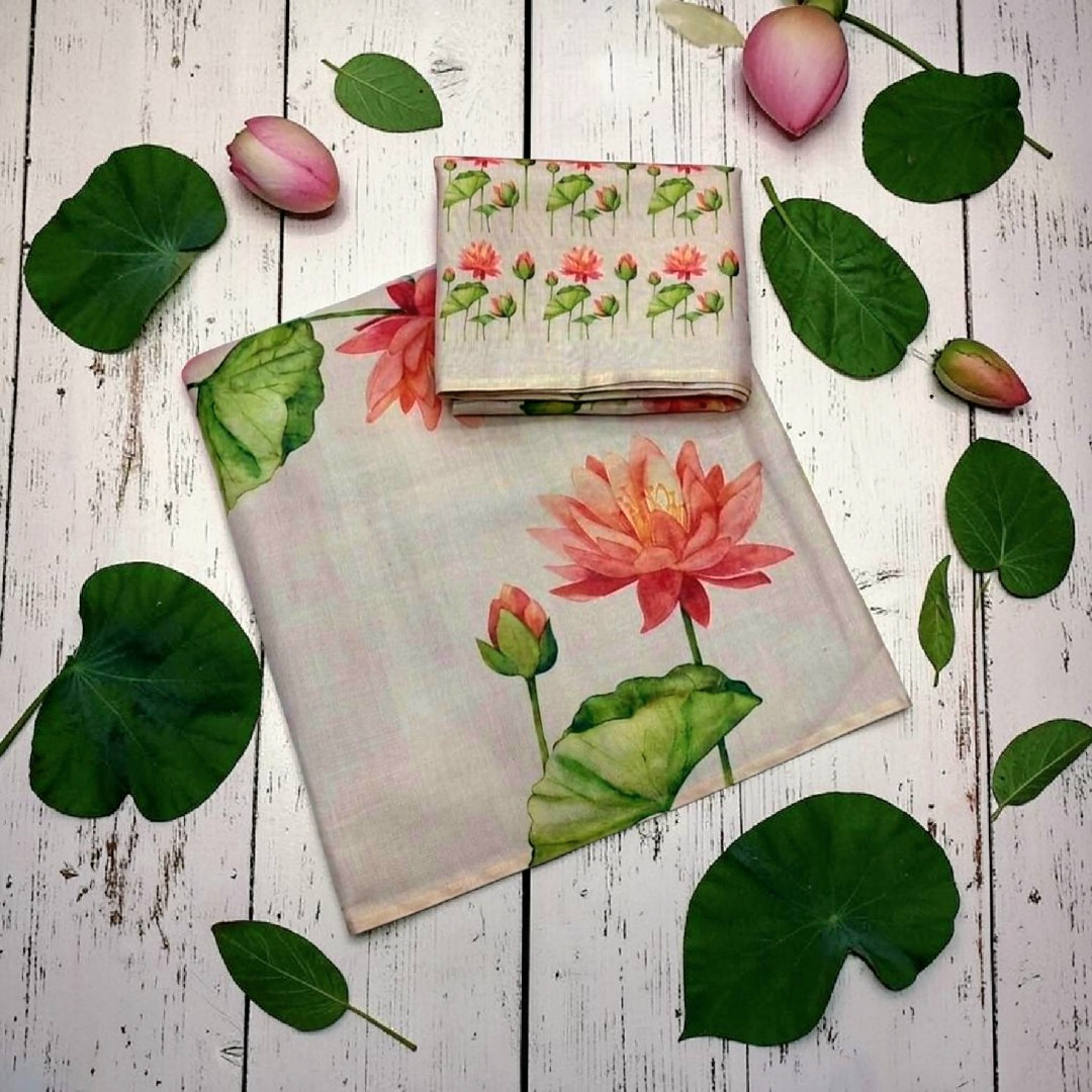 Beautiful Lotus print  saree with stitched blouse