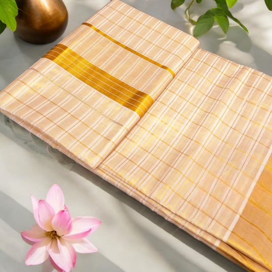 Pre Order: Tissue Silk Kerala Saree with Running Blouse Material ,Delivery in 15 to 20 working Days
