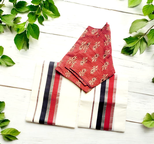 Kerala Cotton Set Mundu with Stitched Blouse